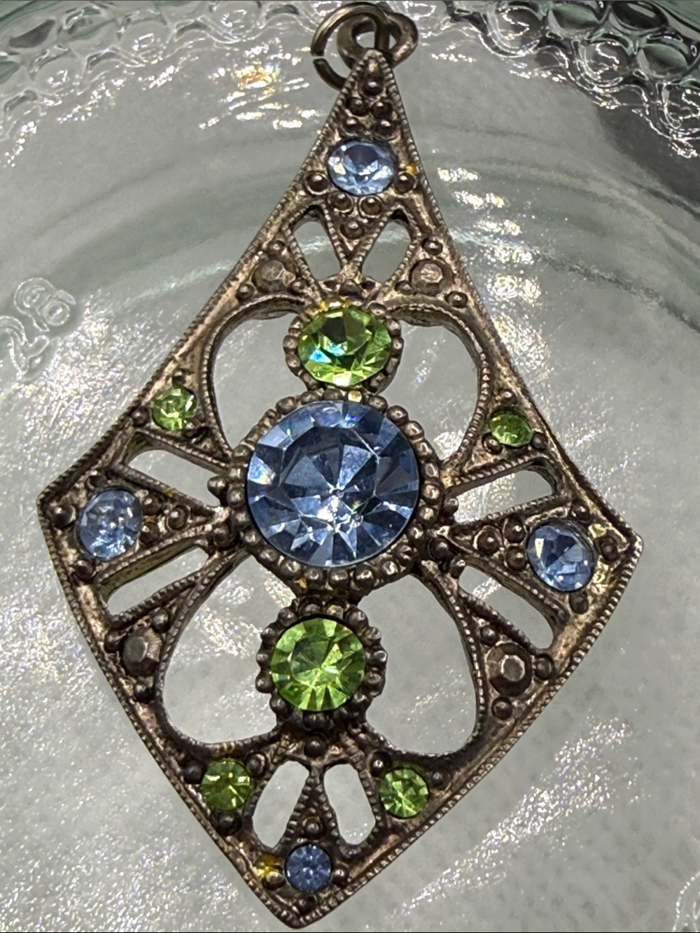 Vintage Blue Green rhinestone distressed Pendant  for Necklace charm filigree